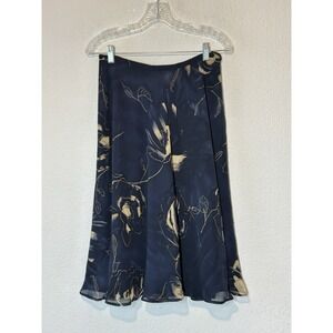 Dana Bachman‎ Petite Size 10P 100% Silk Lined Skirt Navy Blue Floral Flowy